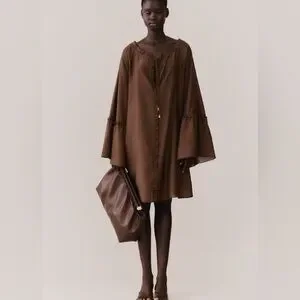 Ladies - Dark brown Trumpet-Sleeved Tunic Dress - Size: S - H&M